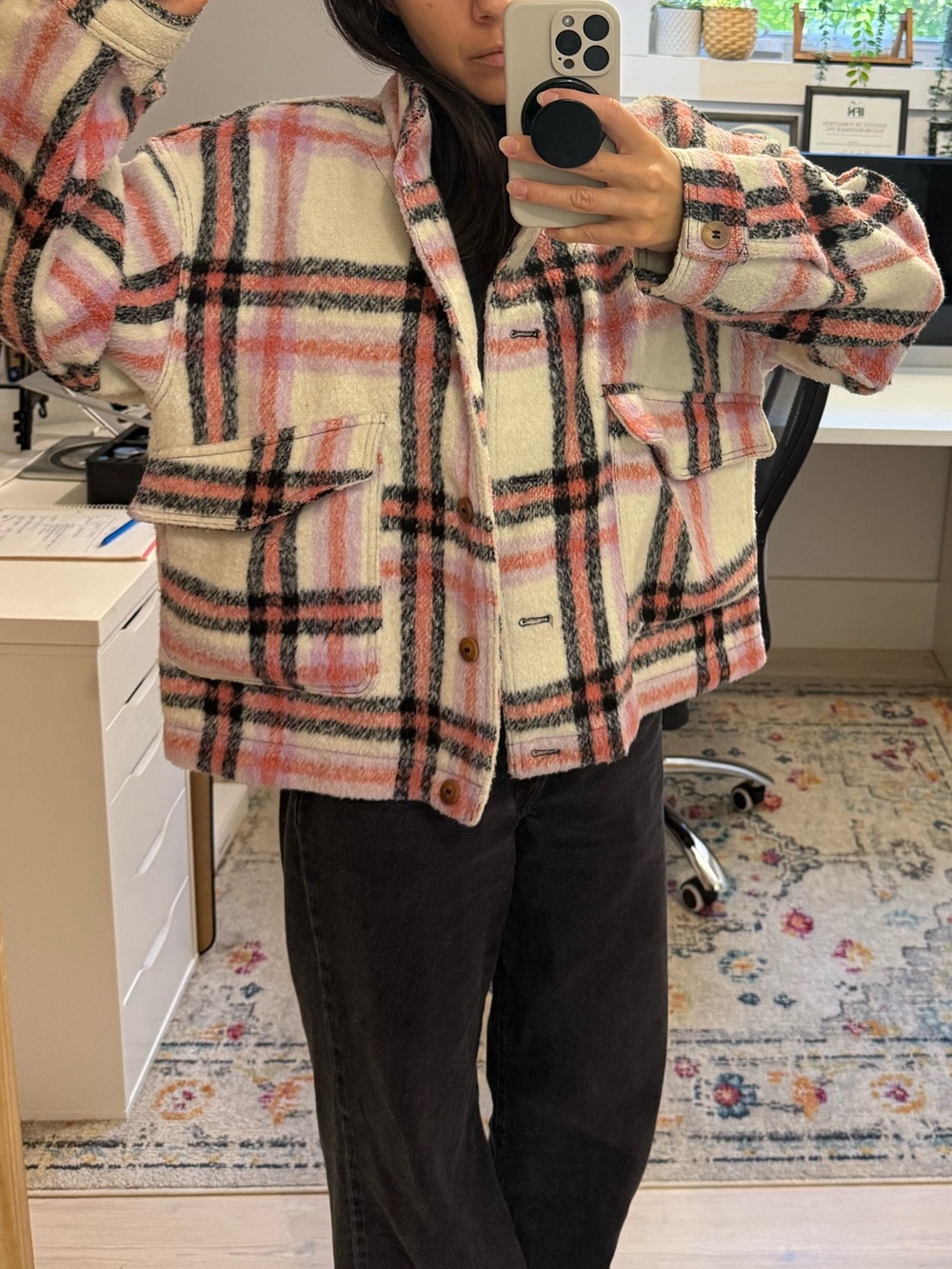 bagatelle Pink, White & Black Plaid Teddy Jacket